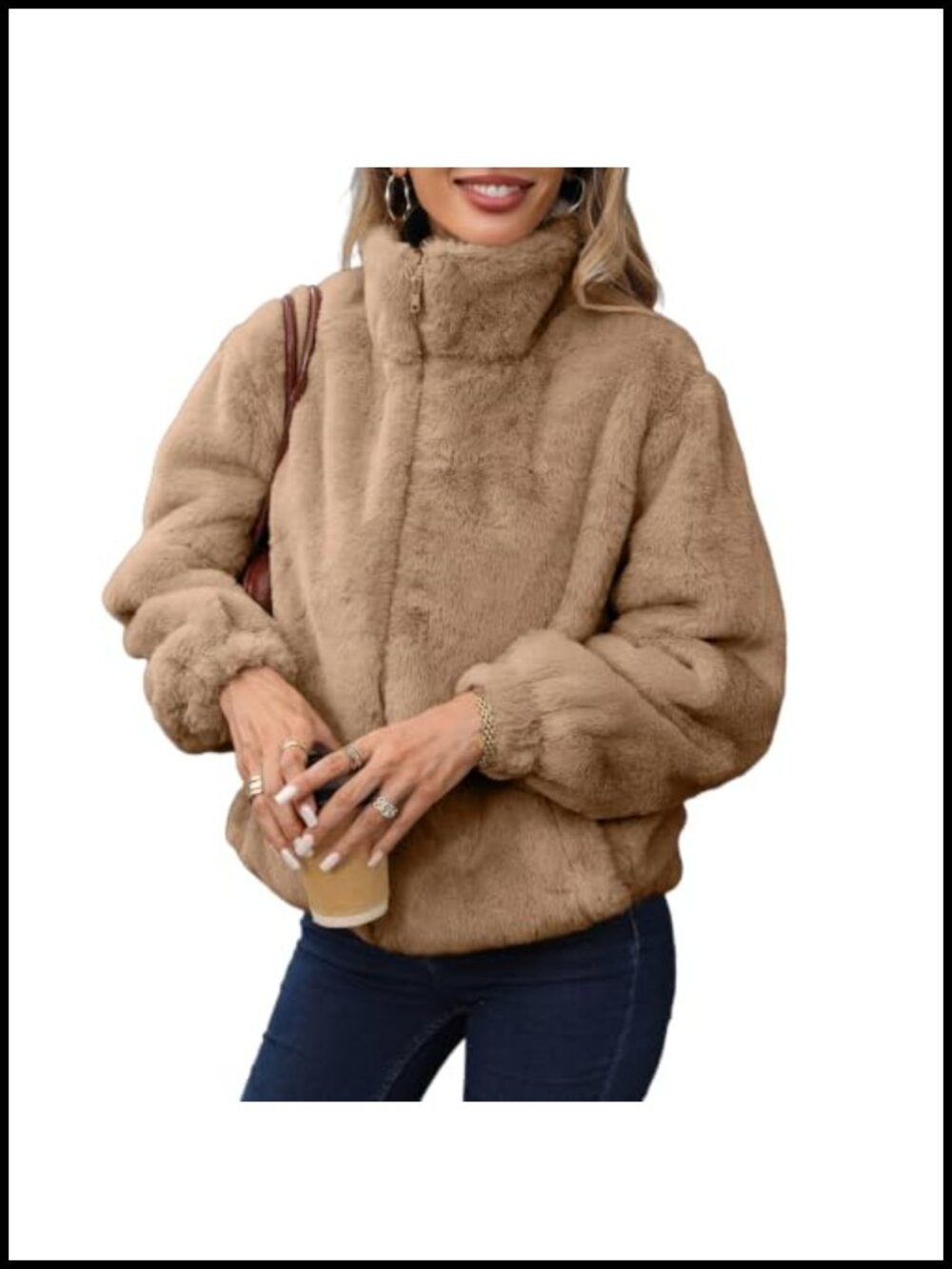 Women's Cropped Faux Fur Jacket Fluffy Zip-Up Winter Coat